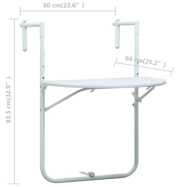 VidaXL Τραπέζι Μπαλκονιού Κρεμαστό Λευκό 60x64x83,5 εκ. Πλαστικό Ρατάν