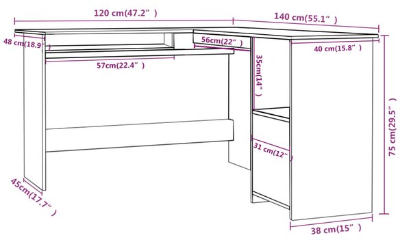 VidaXL Γραφείο Γωνιακό Sonoma Δρυς 120 x 140 x 75 εκ. από Επεξ. Ξύλο