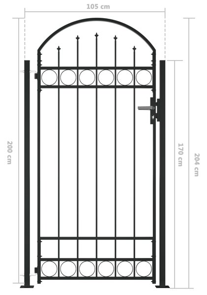 VidaXL Καγκελόπορτα με Αψιδωτή Κορυφή και 2 Στύλους Μαύρη 105x204 εκ