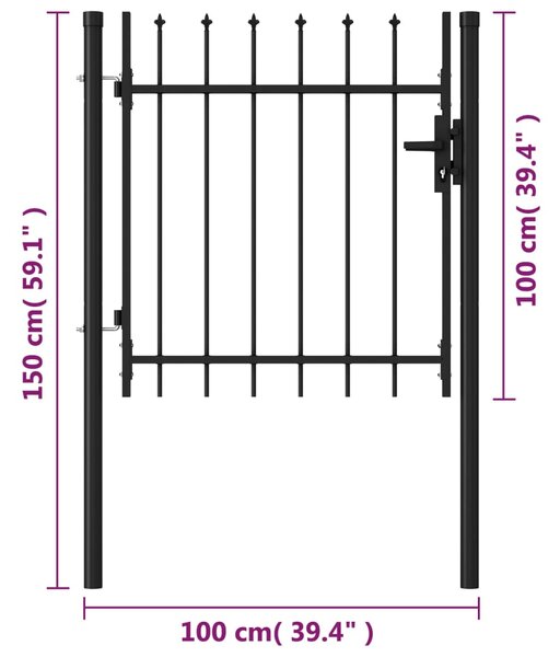 VidaXL Καγκελόπορτα Μονή με Ακίδες Μαύρη 1 x 1 μ. Ατσάλινη