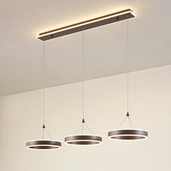 Lucande LED κρεμαστή λάμπα Kolo, 114 cm, 3 φώτα, καφέ, ρυθμιζόμενη ένταση, ρυθμιζόμενος, Καφέ / Σκουριάς, Σαλόνι / τραπεζαρία, Μέταλλο, σύγχρονο