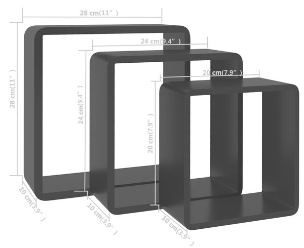 VidaXL Ράφια Κύβοι Τοίχου 3 τεμ. Μαύρα από MDF