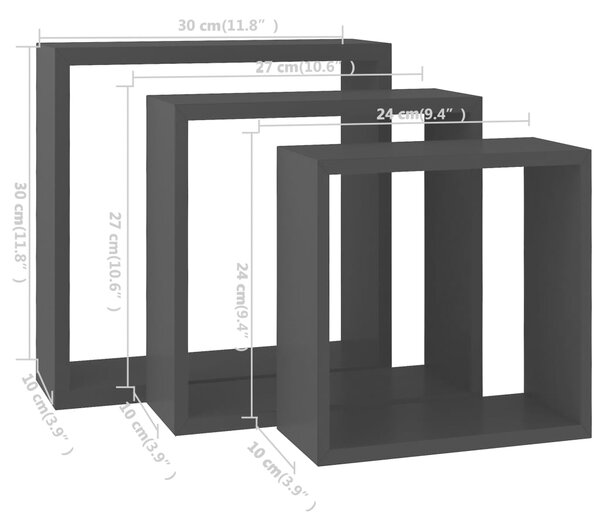 VidaXL Ράφια Κύβοι Τοίχου 3 τεμ. Μαύρα από MDF