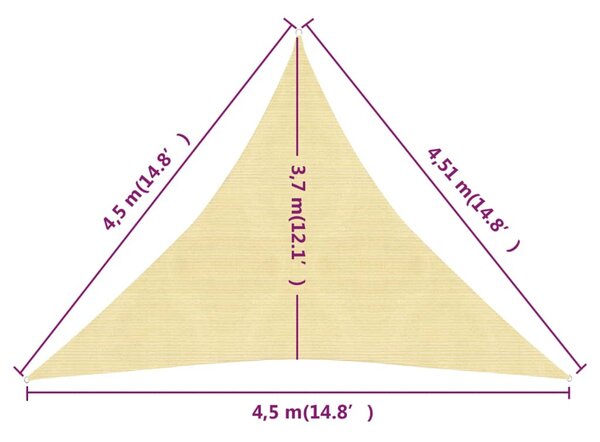 VidaXL Πανί Σκίασης Μπεζ 4,5 x 4,5 x 4,5 μ. από HDPE 160 γρ./μ²