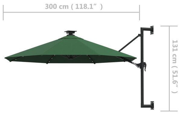 VidaXL Ομπρέλα Κήπου Επιτοίχια με LED Πράσινη 300 εκ