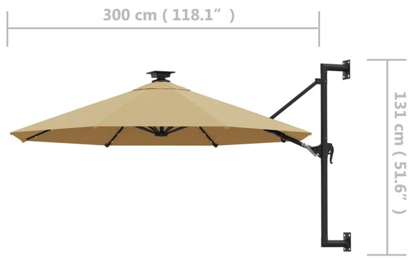 VidaXL Ομπρέλα Κήπου Επιτοίχια με LED Taupe 300 εκ