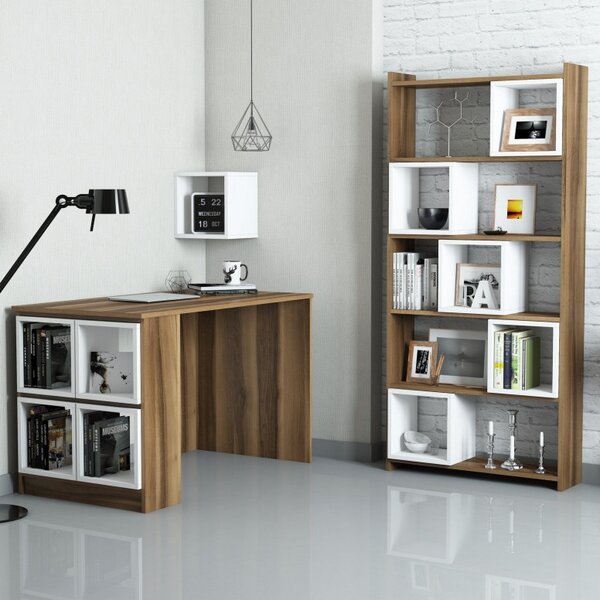Σετ γραφείο και βιβλιοθήκη Box Walnut-Λευκό
