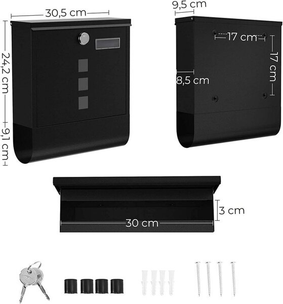 Γραμματοκιβώτιο Songmics, 24 x 30 cm, Black, διαμέρισμα για εφημερίδα