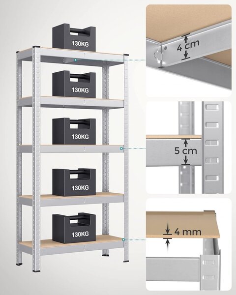 Μεταλλική ραφιέρα, Songmics, Ασημί, 150x75x30 cm