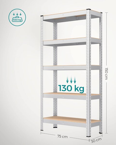 Μεταλλική ραφιέρα, Songmics, Ασημί, 150x75x30 cm