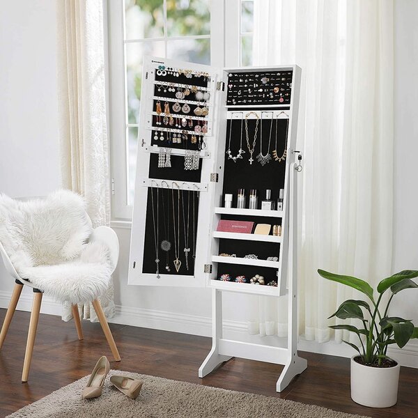 Ντουλάπι Κοσμημάτων με Καθρέφτη, Songmics, Λευκό, 151.5x41x36.5 cm