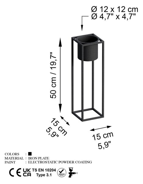 Διακοσμητική Γλάστρα GED023 Μαύρο 15x50x15 cm