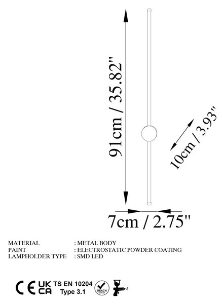 Φωτιστικό Τοίχου Sword, Μαύρο, 91x10x7 cm