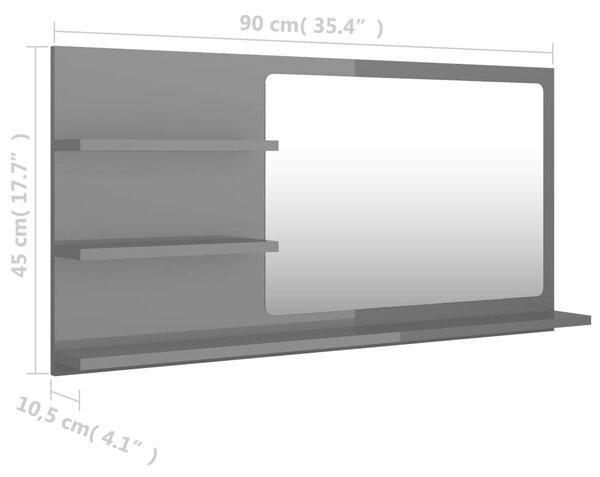 VidaXL Καθρέφτης Μπάνιου Γυαλιστερό Γκρι 90x10,5x45 εκ. Επεξ. Ξύλο