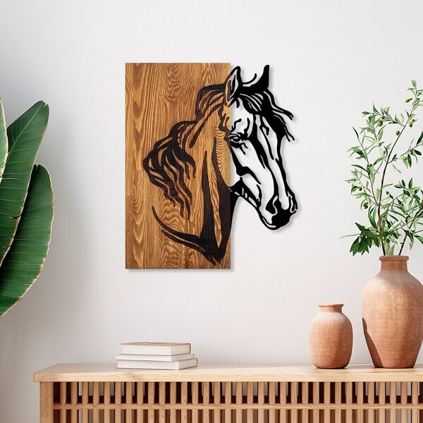 Πίνακας από ξύλο και μέταλλο Horse Καρυδί 48x57 cm
