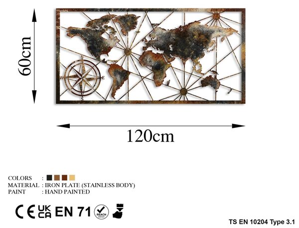 Μεταλλικός πίνακας World Πολύχρωμος 120x60x1.5 cm
