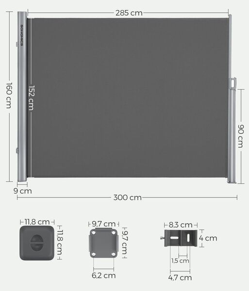 Πλευρική τέντα Songmics Γκρι 160x300 cm