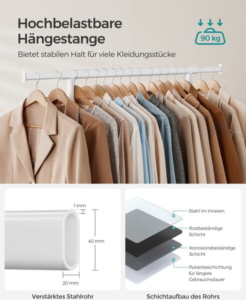 Κρεμάστρα με Ρόδες Songmics Λευκό 134x45.4x160 cm