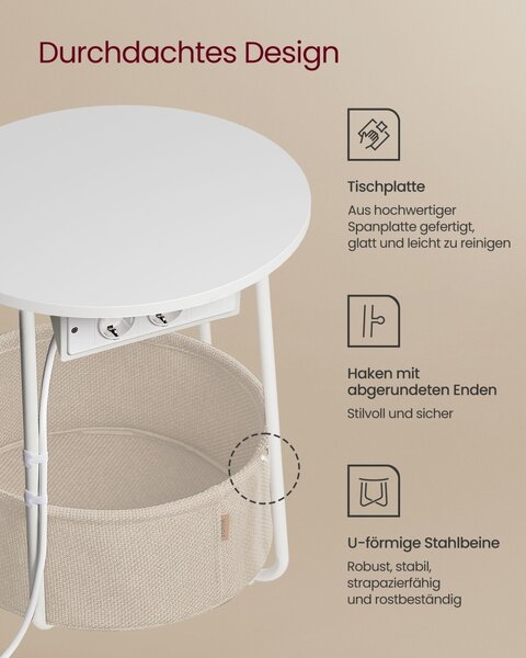 Πλαϊνό τραπεζάκι με πρίζα Vasagle Λευκό 45x45x50 cm