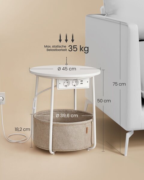 Πλαϊνό τραπεζάκι με πρίζα Vasagle Λευκό 45x45x50 cm