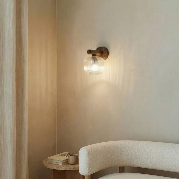 TK Lighting Φωτιστικό τοίχου Salvia, καφέ/κονιάκ, γυαλί, ύψος 20 cm, E14, ρυθμιζόμενος, Ξύλου, Σαλόνι / τραπεζαρία, Γυαλί