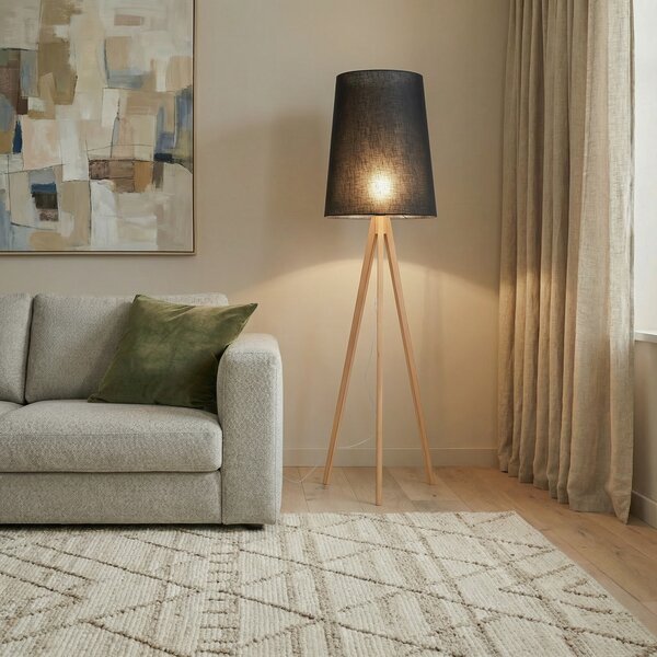 TK Lighting Φωτιστικό δαπέδου Walz, μαύρο, ξύλο, ύψος 175 cm, E27, Ξύλου, Σαλόνι / τραπεζαρία, Ξύλο, σύγχρονο, Τρίποδο