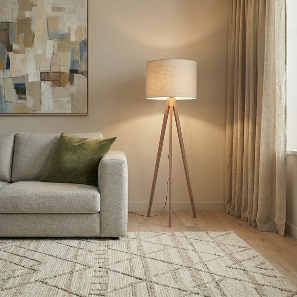 TK Lighting Φωτιστικό δαπέδου Grand, μπεζ/καρυδιά, ύψος 145 cm, E27, Ξύλου, Σαλόνι / τραπεζαρία, Ξύλο, σύγχρονο, Τρίποδο