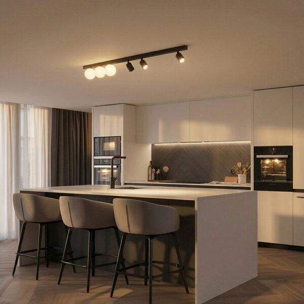 TK Lighting Φωτιστικό οροφής Vox, 6 λάμπες, γυαλί, μαύρο, μήκος 159 cm, ρυθμιζόμενος, Μαύρο, Σαλόνι / τραπεζαρία, Γυαλί