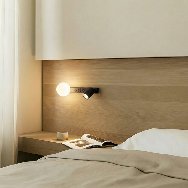 TK Lighting Φωτιστικό τοίχου Vox, μαύρο, γυαλί, πλάτος 35 cm, USB, ρυθμιζόμενος, Μαύρο, Σαλόνι / τραπεζαρία, Γυαλί