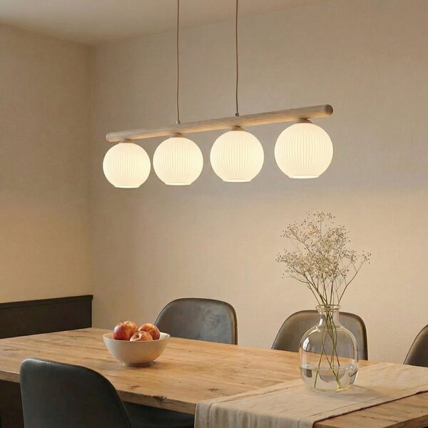 TK Lighting Κρεμαστό φωτιστικό Virlo, 4 λάμπες, ξύλο, οπαλικό γυαλί, μήκος 95 cm, ρυθμιζόμενος, Λευκό, Σαλόνι / τραπεζαρία, Γυαλί