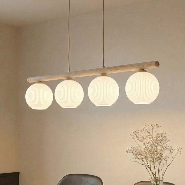 TK Lighting Κρεμαστό φωτιστικό Virlo, 4 λάμπες, ξύλο, οπαλικό γυαλί, μήκος 95 cm, ρυθμιζόμενος, Λευκό, Σαλόνι / τραπεζαρία, Γυαλί