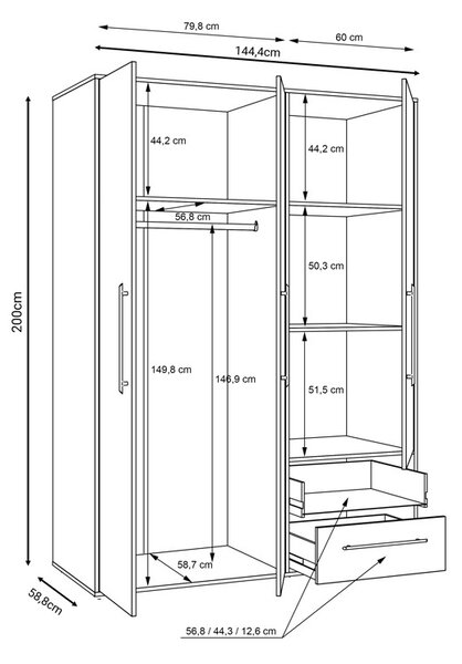 Ντουλάπα Razol 3 Πόρτες Λευκό sonoma μελαμίνη 144.5x59x200 cm