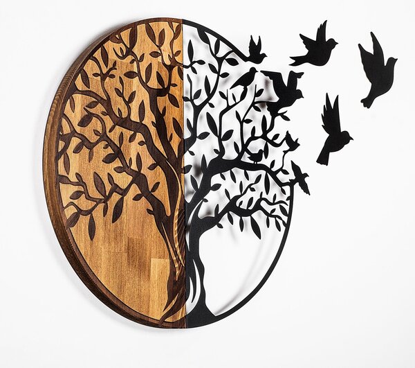 Διακοσμητικό Τοίχου από Ξύλο και Μέταλλο Tree And Birds, Μαύρο, 92x3x71 cm