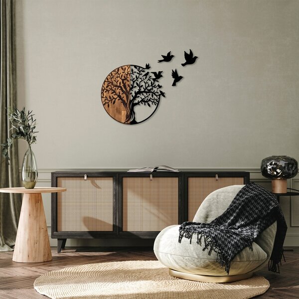 Διακοσμητικό Τοίχου από Ξύλο και Μέταλλο Tree And Birds, Μαύρο, 92x3x71 cm