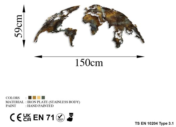 Μεταλλικό Διακοσμητικό Τοίχου World Map Medium, Πολύχρωμο, 150x59 cm