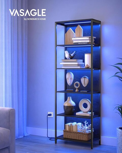 Βιβλιοθήκη με φωτισμό LED Vasagle, Μαύρο, 60x30.3x178 cm