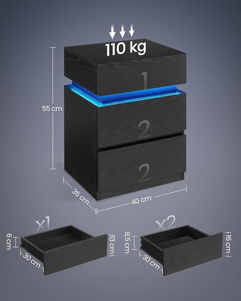 Κομοδίνο με LED Vasagle Μαύρο 40x35x55 cm