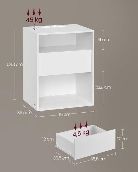 Κομοδίνο με πρίζα Vasagle Λευκό 45x35x58.3 cm