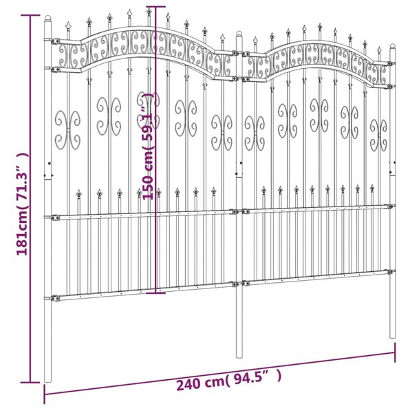 VidaXL Φράχτης με Ακίδες Μαύρος 190 εκ. Ατσάλι Ηλεκτροστ. Βαφή Πούδρας