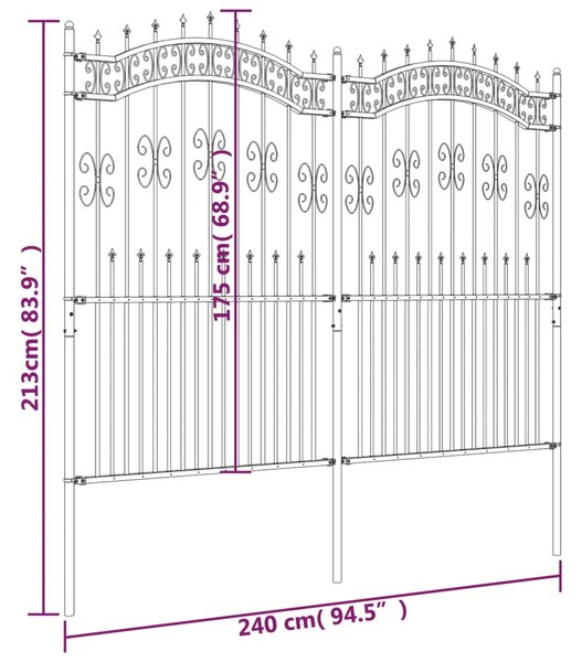 VidaXL Φράχτης με Ακίδες Μαύρος 222 εκ. Ατσάλι Ηλεκτροστ. Βαφή Πούδρας