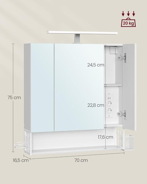 Ντουλάπι Μπάνιου με Καθρέφτη Λευκό Vasagle 70x16.5x75 cm