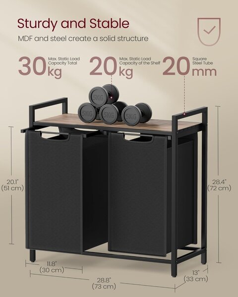 Καλάθι απλύτων Vasagle Μαύρο 2 x 46L, 73 x 33 x 72 cm