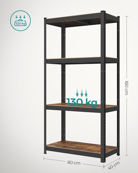 Μεταλλική ραφιέρα, Songmics, Μαύρο, 520 kg 40 x 80 x 160 cm