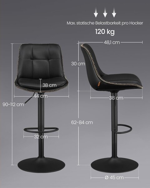 Σετ 2 ρυθμιζόμενα σκαμπό μπαρ Songmics Μαύρο 38x44.5x115 cm