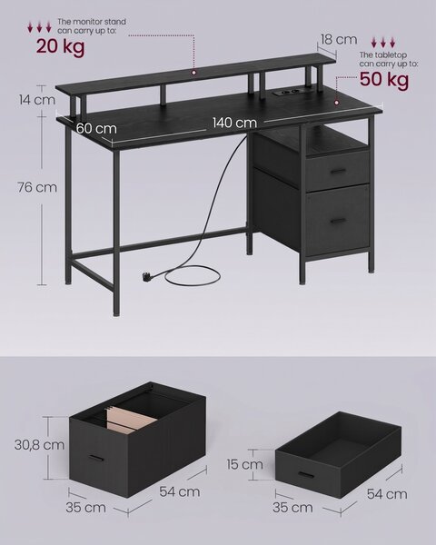 Γραφείο Vasagle Μαύρο, LED, 2 USB-A, 55 x 135 x 90 cm