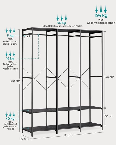 Κρεμάστρα Songmics Μαύρο 141x40x180 cm