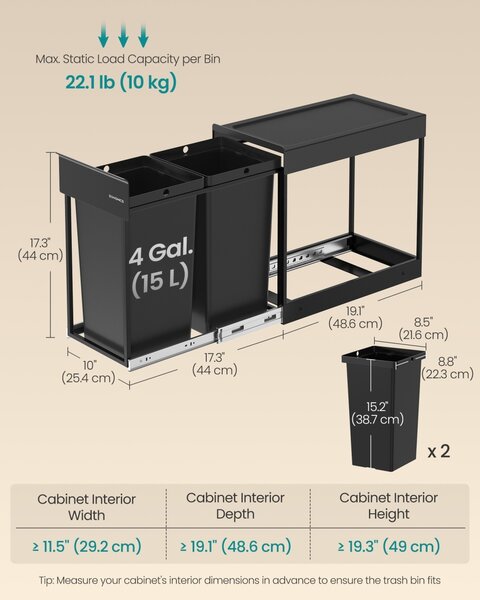 Συρόμενος κάδος απορριμμάτων Songmics Μαύρο 48.6x25.6x44.0 cm