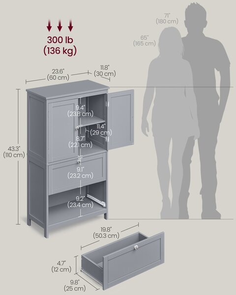 Ντουλάπι Αποθήκευσης Μπάνιου Vasagle Γκρι 60x30x110 cm