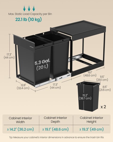 Συρόμενος κάδος απορριμμάτων Songmics Μαύρο 48.6x32.7x44.0 cm