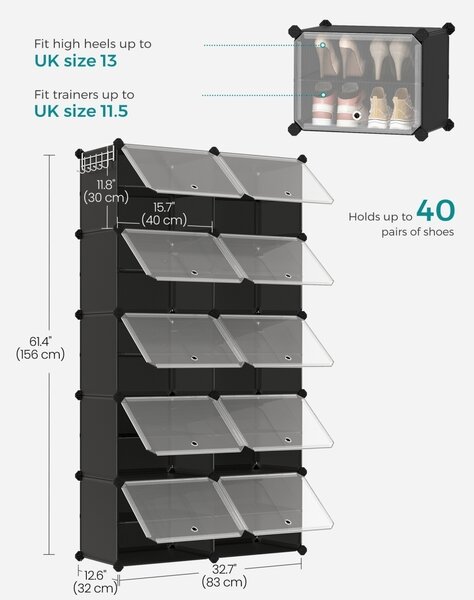 Αρθρωτή παπουτσοθήκη Songmics Μαύρο 82x32x152 cm